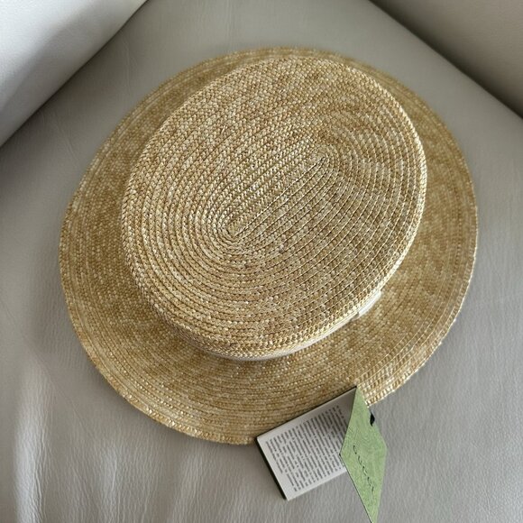 NEW GUCCI RAFFIA Wide-Brimmed Hat Straw White How GG Sz M Logo 100% Authentic - Picture 4 of 9